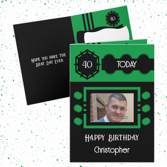 40 today add photo name black green birthday card (Creator Uploaded)
