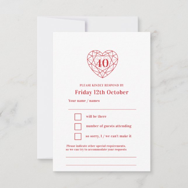 40 years ruby red heart 40th wedding anniversary RSVP card (Front)