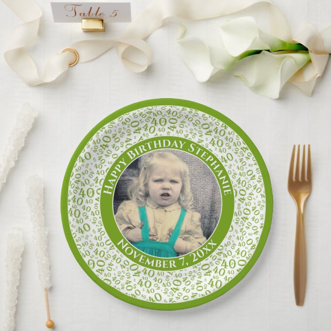 40 Your Photo Random Number Pattern Green/White Paper Plate (Wedding)