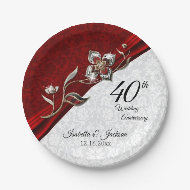 40th, 52nd or 80th Ruby Floral Anniversary Paper Plate (Front)