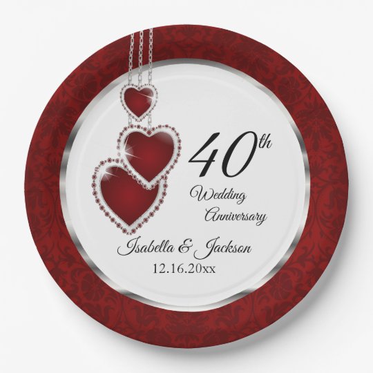 40th, 52nd or 80th Ruby Wedding Anniversary Paper Plate