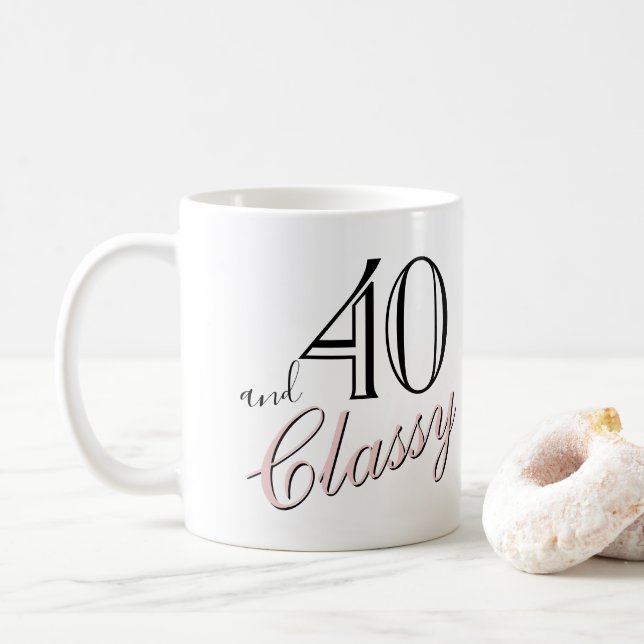 40th and Classy Black Elegant Pink Script Birthday Coffee Mug (With Donut)