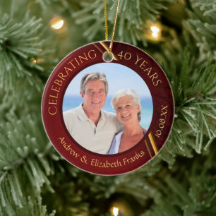 40th Anniversary, 2-Sided, 2-Photo, Ruby & Gold Ceramic Tree Decoration
