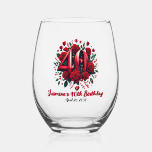 40th Anniversary/Birthday Hearts & Red Roses Stemless Wine Glass