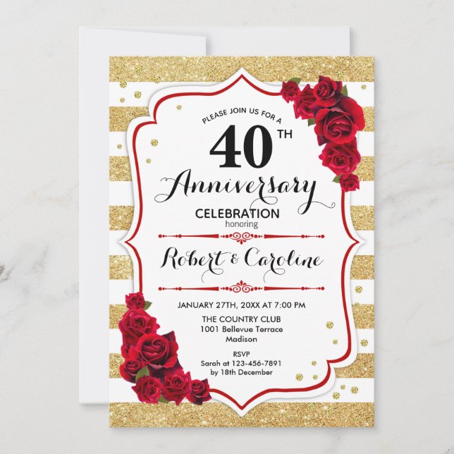 40th Anniversary - Gold White Red Roses Invitation (Front)