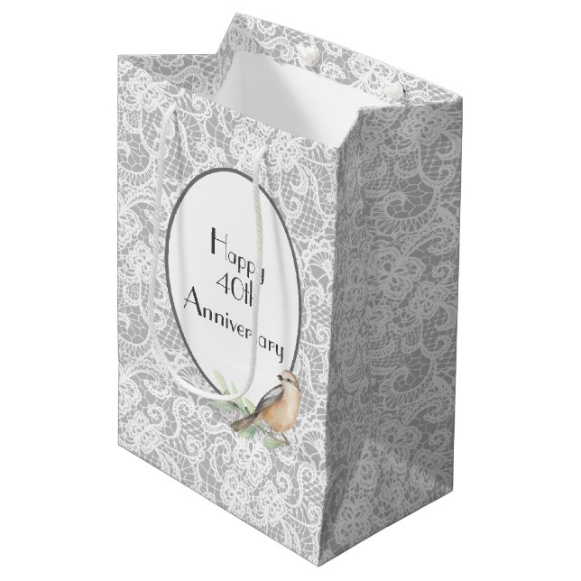 40th Anniversary Lace on Silver Medium Gift Bag (Front Angled)