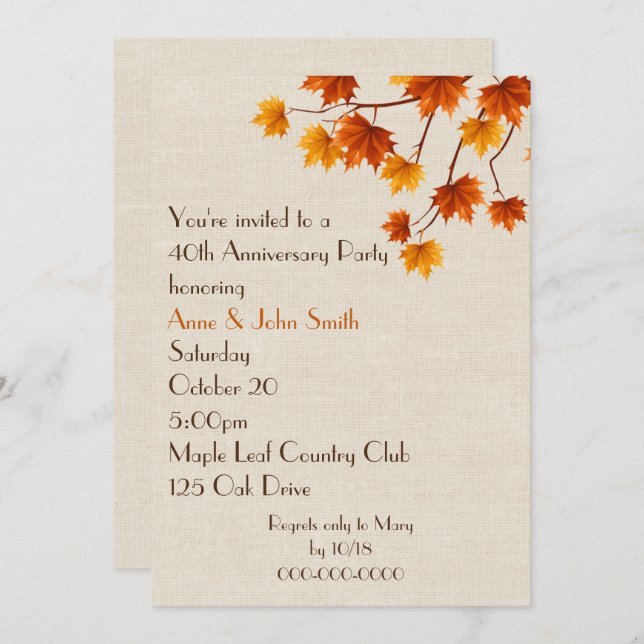 40th Anniversary Party Autumn Leaves  Invitation (Front/Back)