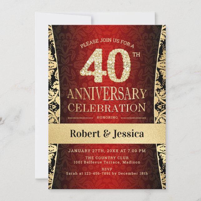 40th Anniversary Party - Ruby Red Gold Black Invitation (Front)
