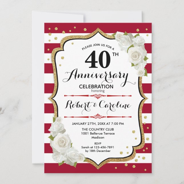 40th Anniversary Party - Ruby Red Gold White Invitation (Front)