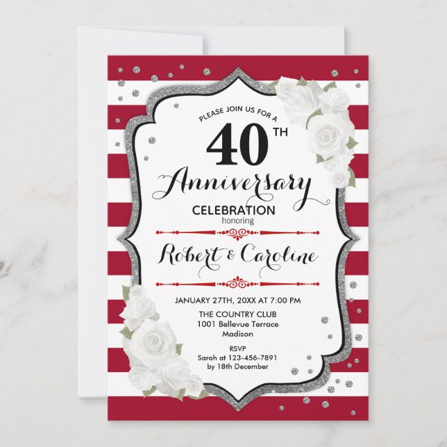 40th Anniversary Party - Ruby Red White Silver Invitation (Front)