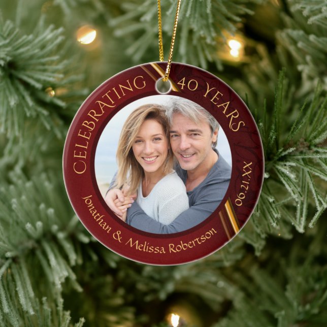 40th Anniversary Photo, Ruby Red and Gold Custom Ceramic Ornament (Tree)