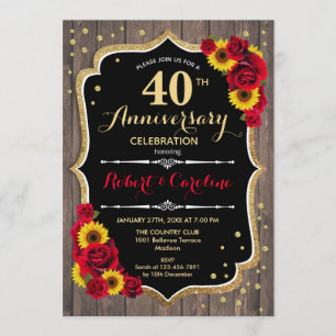 40th Anniversary - Red Roses Sunflowers Wood Invitation