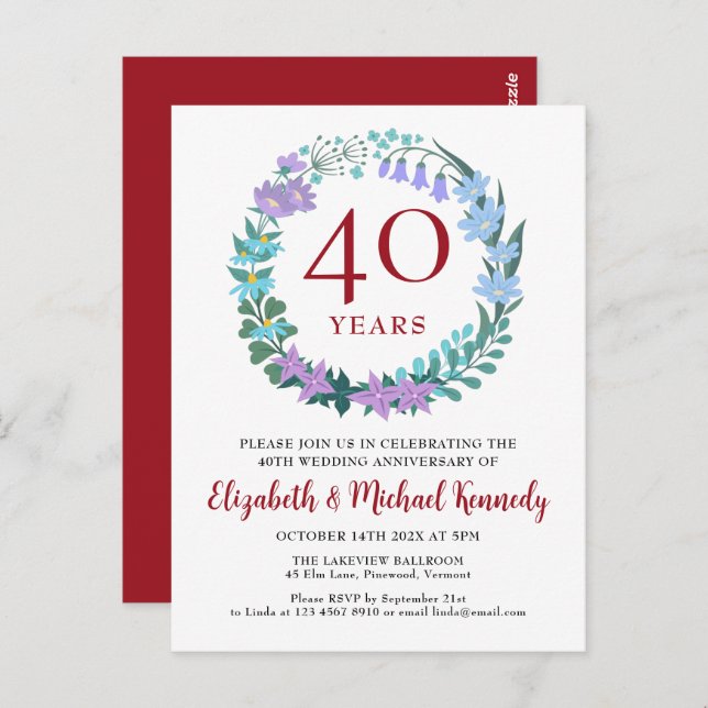 40th Anniversary Ruby Bluebells Wreath Invitation Postcard (Front/Back)
