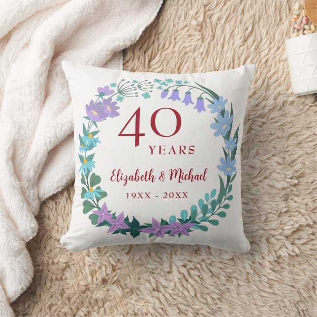 40th Anniversary Ruby Floral Bluebell Lilac Wreath Cushion (Blanket)