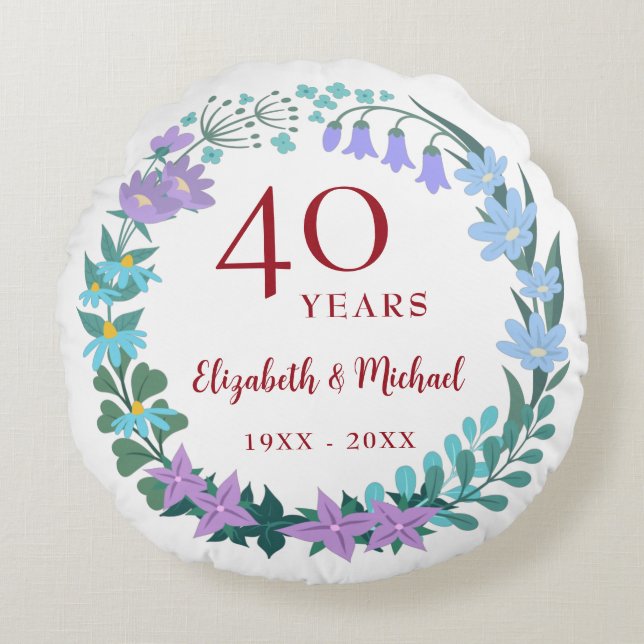 40th Anniversary Ruby Floral Bluebell Lilac Wreath Round Cushion (Front)
