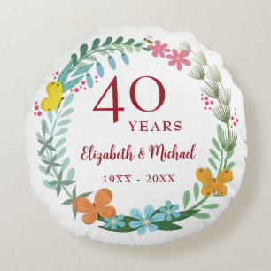 40th Anniversary Ruby Floral Butterfly Wreath Round Cushion