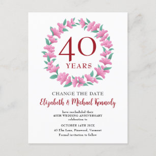 40th Anniversary Ruby Floral Pink Change Date Postcard