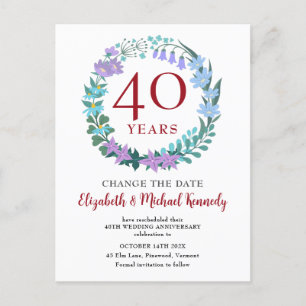40th Anniversary Ruby Floral Wreath Change Date Postcard
