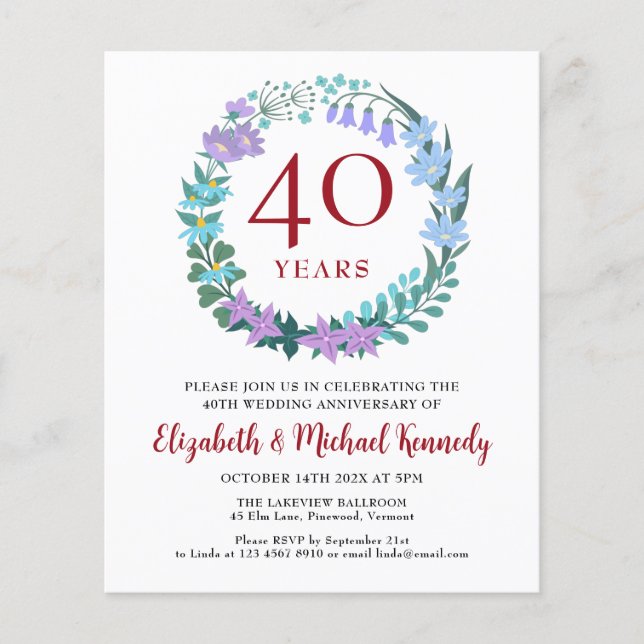 40th Anniversary Ruby Floral Wreath Invitation (Front)