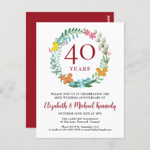 40th Anniversary Ruby Floral Wreath Invitation Postcard