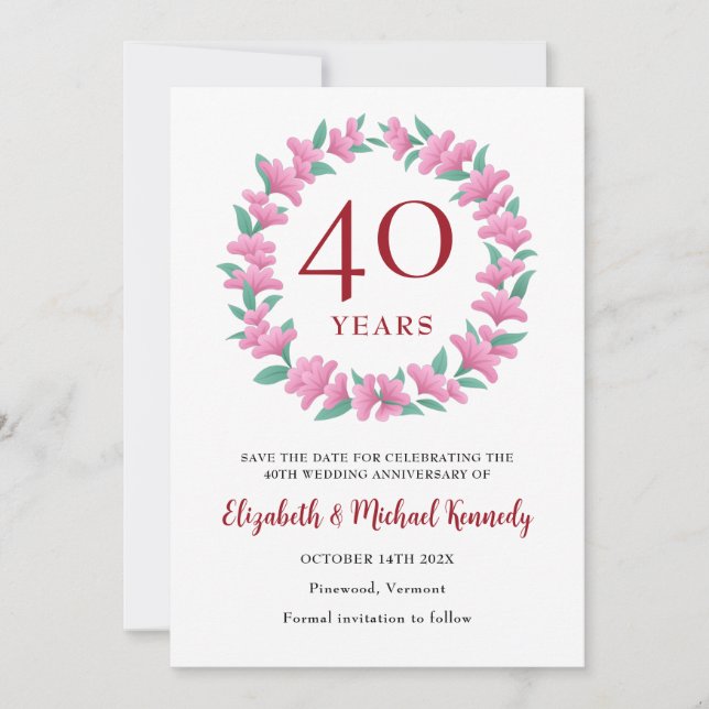 40th Anniversary Ruby Floral Wreath Save The Date (Front)