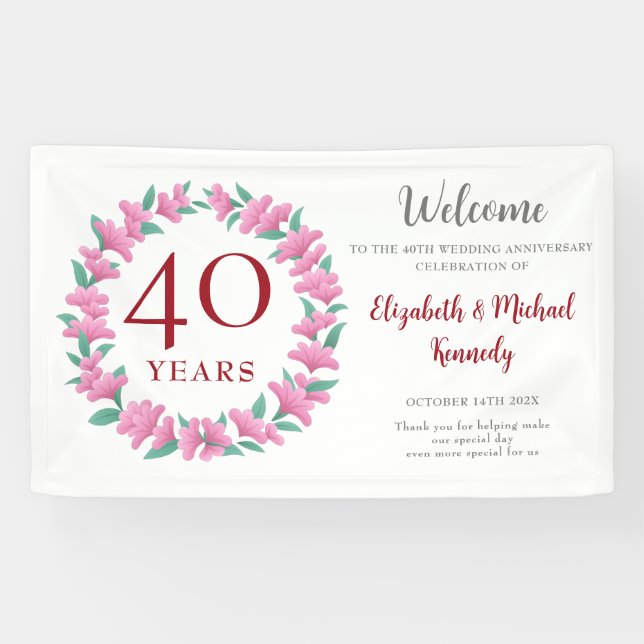 40th Anniversary Ruby Floral Wreath Wedding Banner (Horizontal)