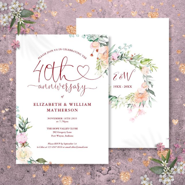 40th Anniversary Ruby Heart Floral Monogram Invitation (40th Anniversary Ruby Heart Floral Monogram Invitation)