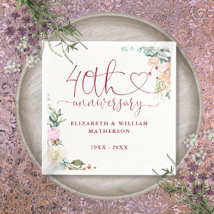 40th Anniversary Ruby Heart Roses Floral Napkin
