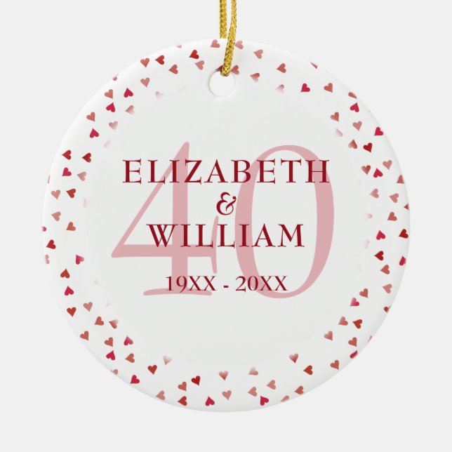 40th Anniversary Ruby Hearts Ceramic Ornament (Front)