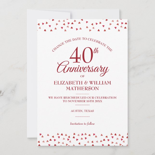 40th Anniversary Ruby Hearts Change the Date Invitation (Front)
