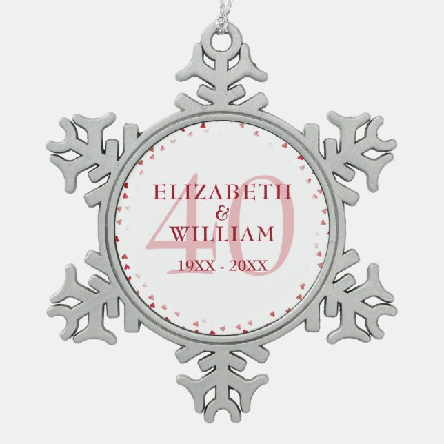 40th Anniversary Ruby Hearts Snowflake Pewter Christmas Ornament (Front)