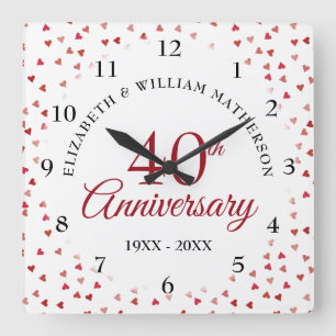 40th Anniversary Ruby Hearts Square Wall Clock