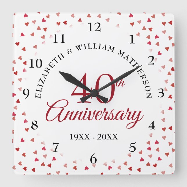 40th Anniversary Ruby Hearts Square Wall Clock (Front)
