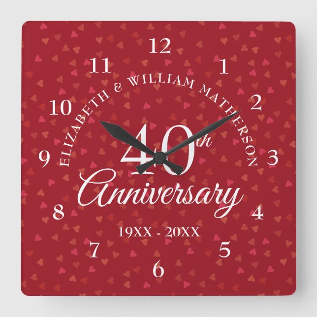 40th Anniversary Ruby Hearts Square Wall Clock (Front)