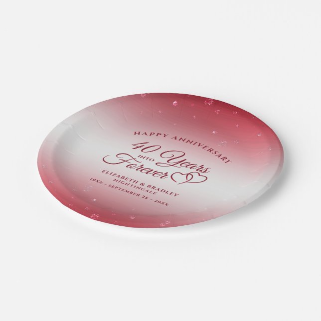 40th Anniversary Ruby Hearts YEARS INTO FOREVER Paper Plate (Angled)