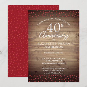 40th Anniversary Ruby Love Hearts Rustic Wood Invitation