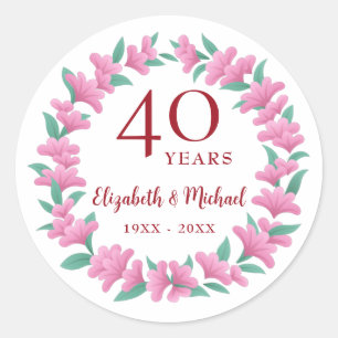 40th Anniversary Ruby Pink Green Floral Wreath Classic Round Sticker