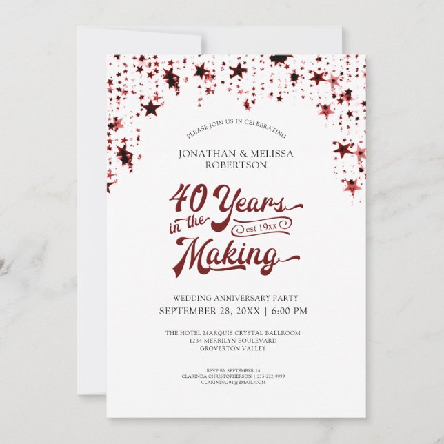 40th Anniversary Ruby Red Stars 40 YEARS Invitation (Front)