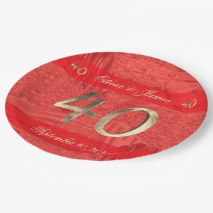 40th Anniversary Ruby Wedding Elegant Red and Gold Paper Plate