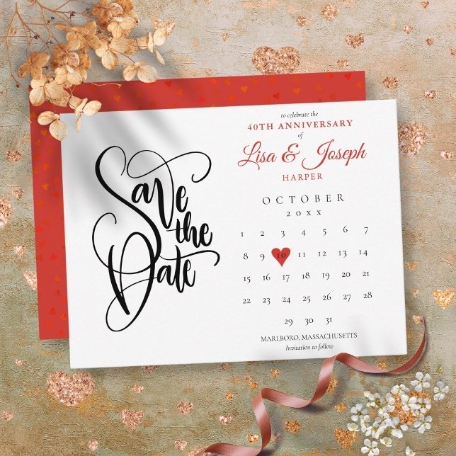 40th Anniversary Save the Date Calendar Ruby Heart Postcard (40th Anniversary Save the Date Calendar Ruby Heart Postcard)