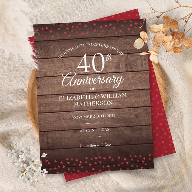 40th Anniversary Save the Date Ruby Hearts Rustic Postcard (Creator Uploaded)