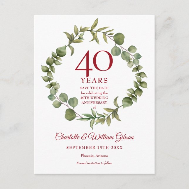 40th Anniversary Save the Date Woodland Greenery  Announcement Postcard (Front)