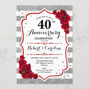 40th Anniversary - Silver White Red Roses Invitation