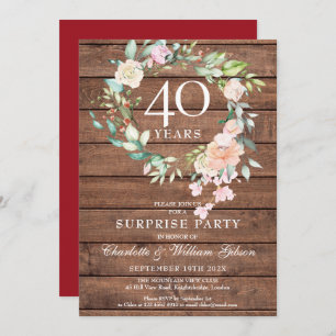 40th Anniversary Surprise Party Floral Rustic Wood Invitation
