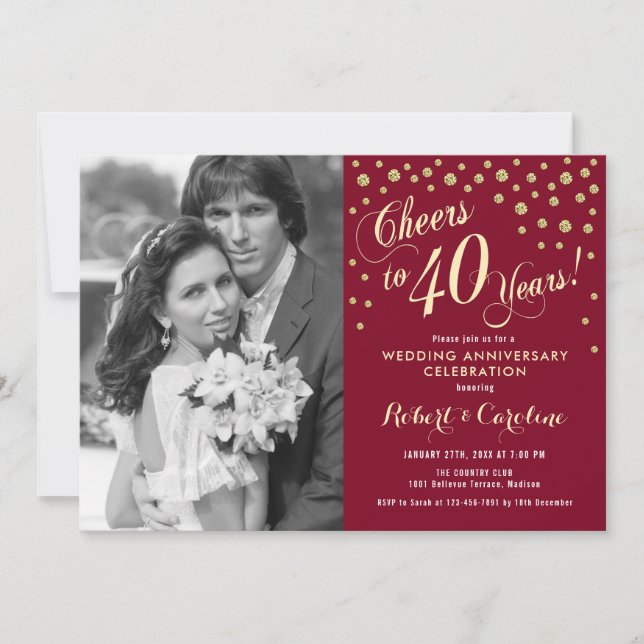 40th Anniversary with Photo - Gold Ruby Red Invitation (Front)
