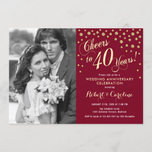 40th Anniversary with Photo - Gold Ruby Red Invitation