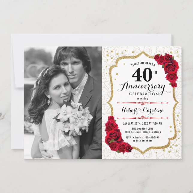 40th Anniversary with Photo - Ruby Red Gold Invitation (Front)