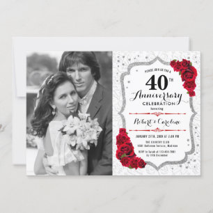 40th Anniversary with Photo - Ruby Red Silver Invitation