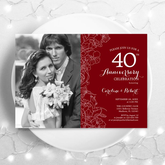 40th Anniversary With Photo Ruby Red White Floral Invitation (Creator Uploaded)