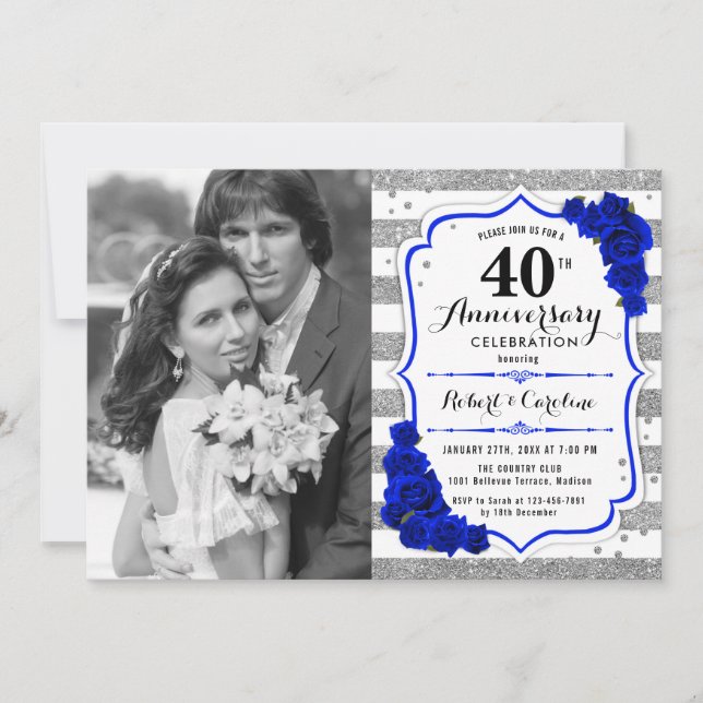 40th Anniversary with Photo - Sapphire Blue Silver Invitation (Front)